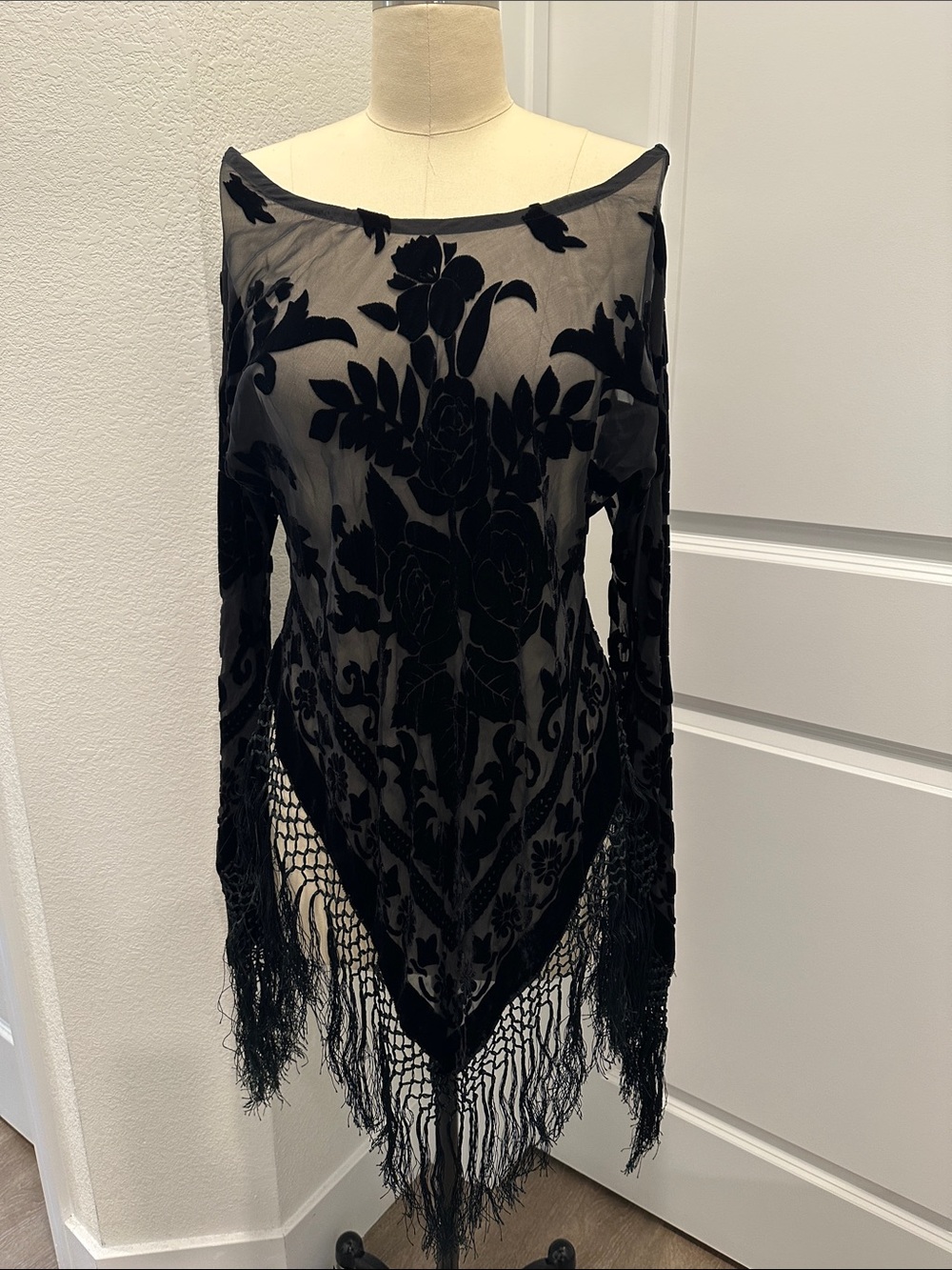 Lucky Brand Black Sheer Burnout Velvet Tunic with Fringe